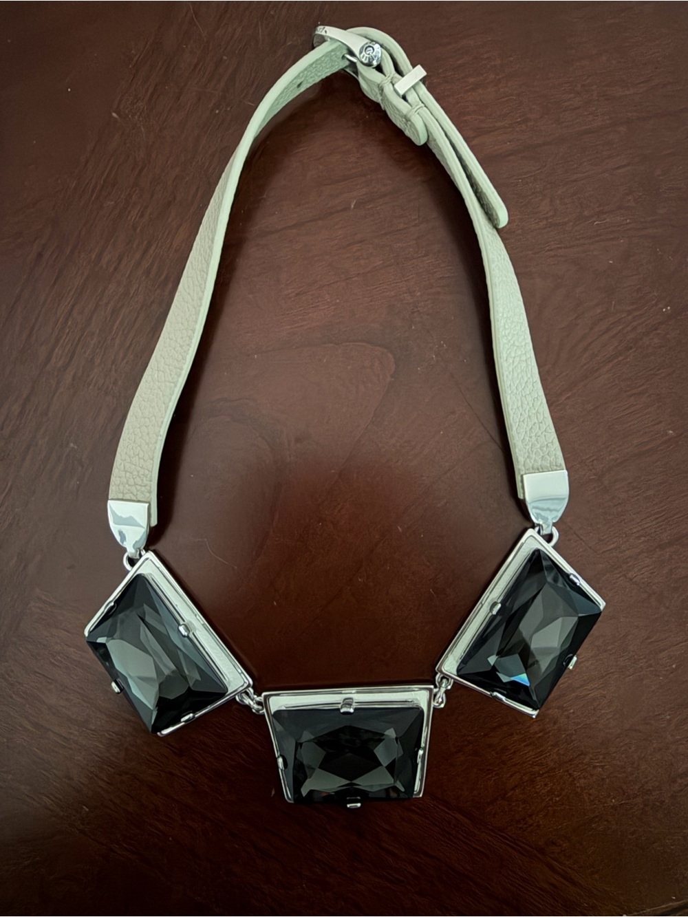 Henri Bendel Leather Belt Gray/Green Crystal Stone Collar Statement Necklace